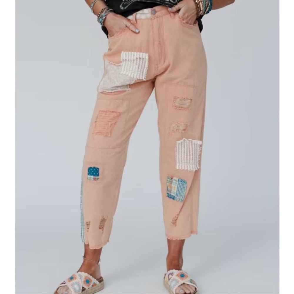Three Bird Nest -Pol Peach Patchwork Women Jeans